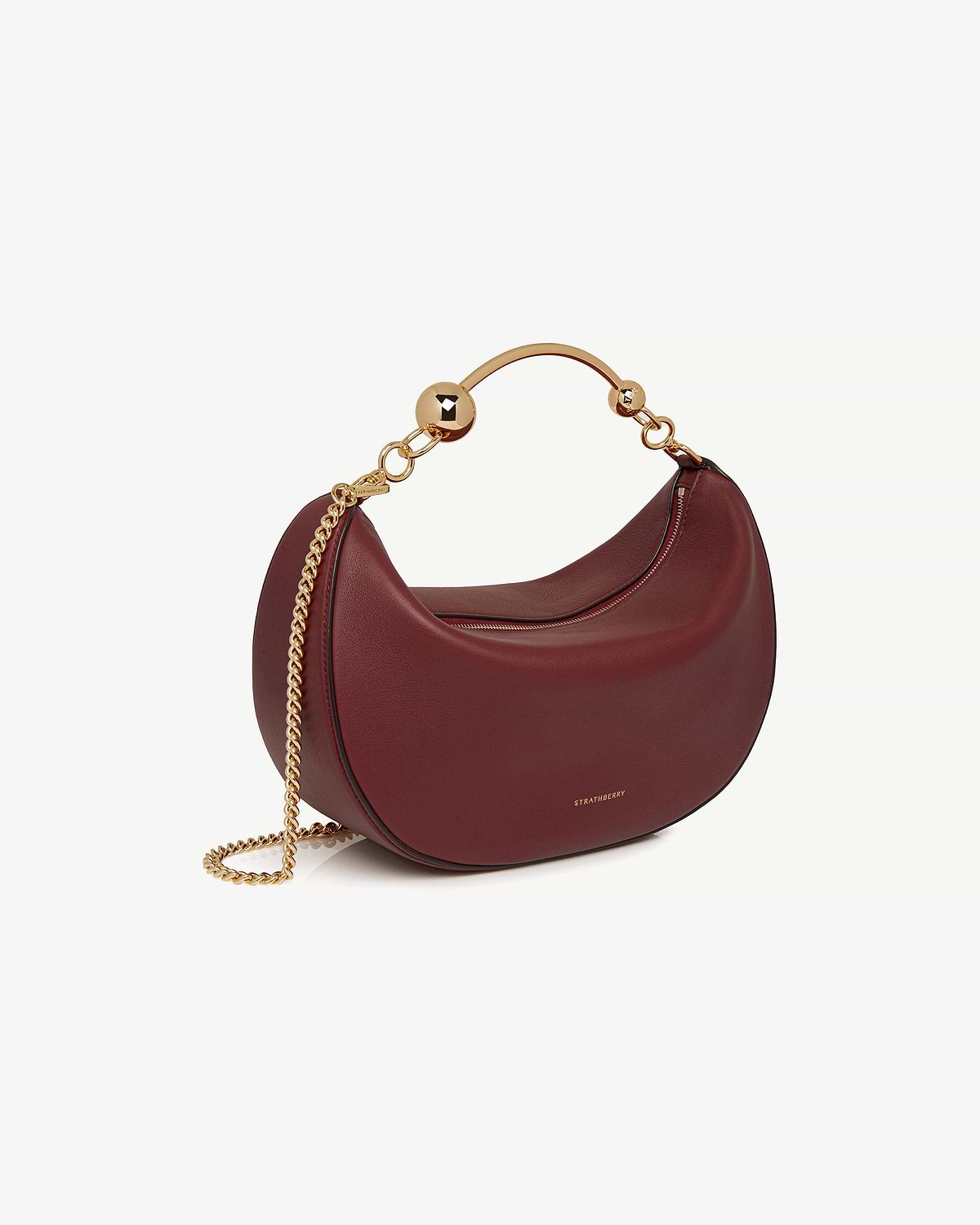 Strathberry Crescent Moon oxblood leather bag with gold chain and top handle