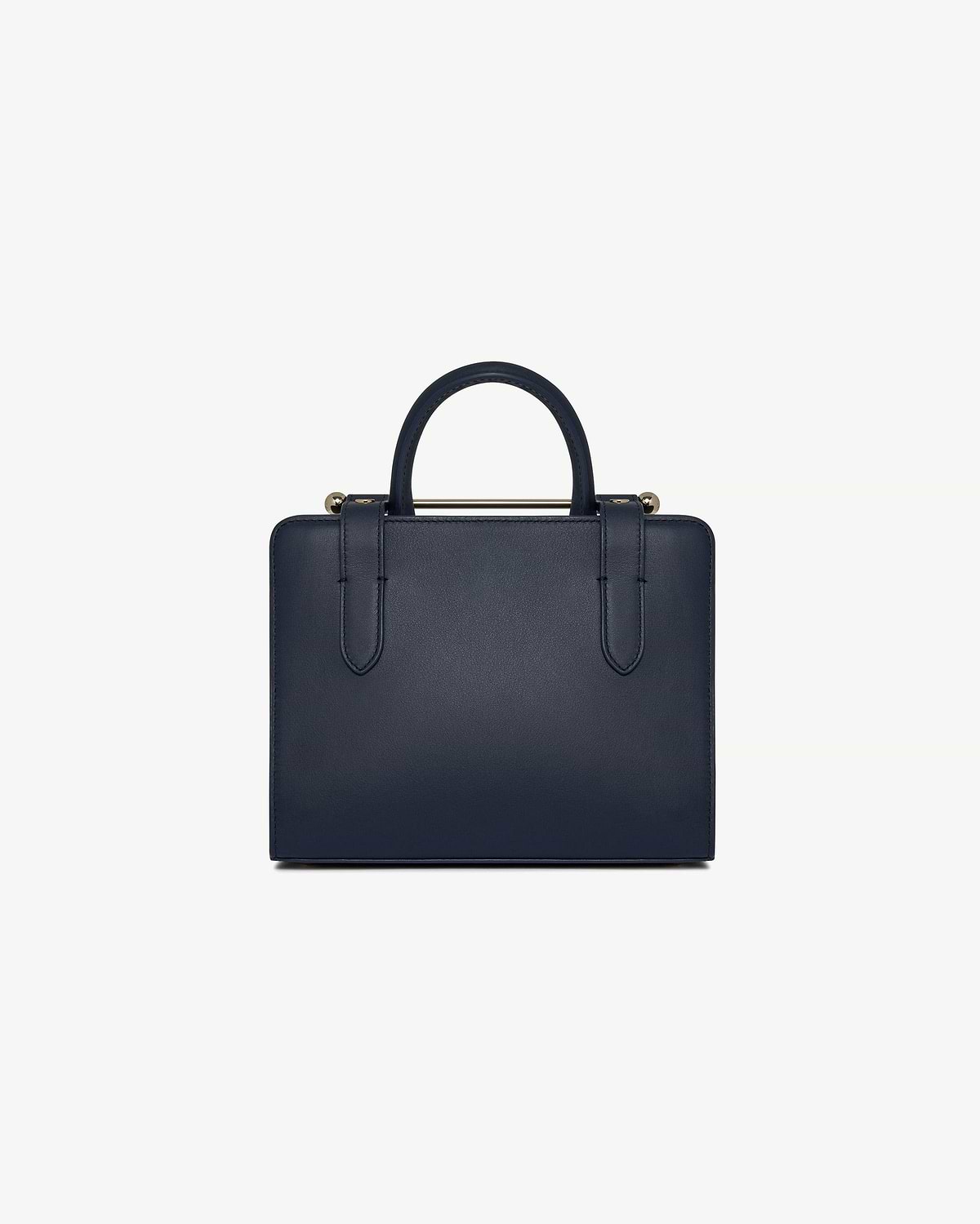 Marine blue mini tote with top handle and gold metal bar hardware