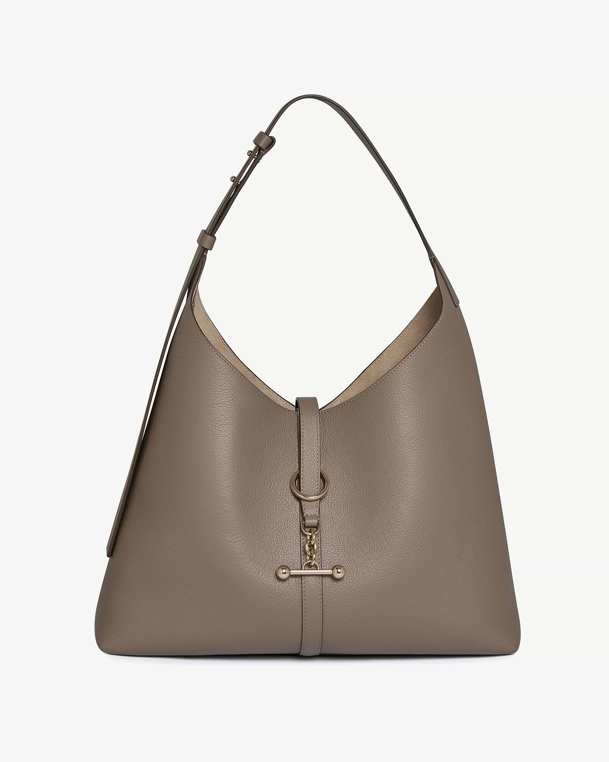 Taupe leather hobo bag with single shoulder strap and gold T-bar hardware.