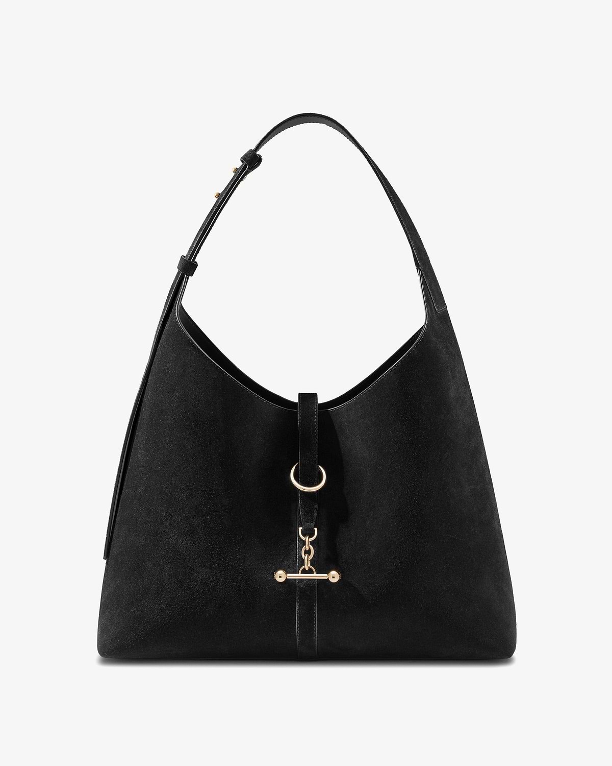 Black suede hobo bag with single shoulder strap, ring and gold T-bar fastening.