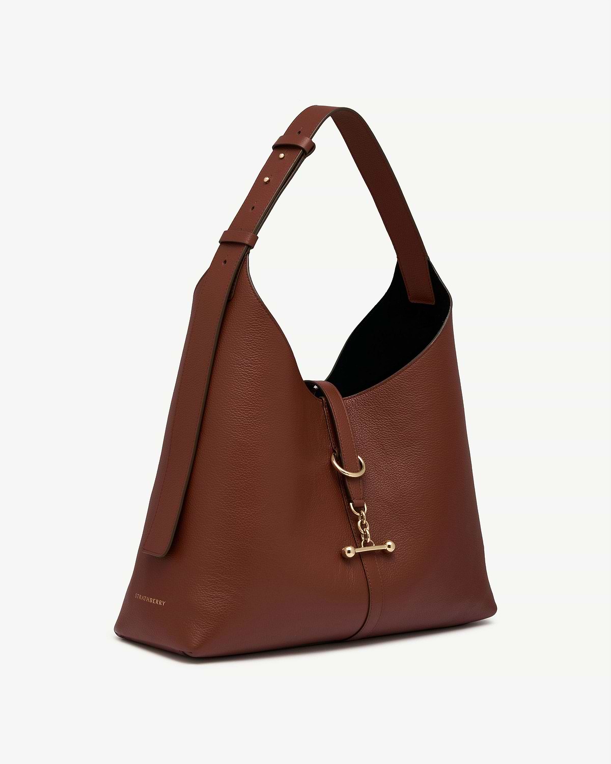 Walnut leather hobo bag with adjustable strap and gold hardware, Strathberry logo.
