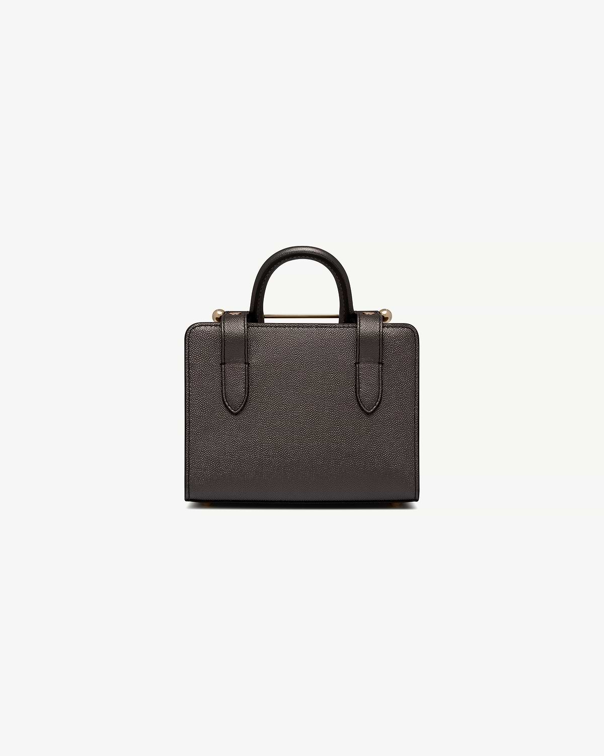 Nano tote in metallic anthracite caviar leather, top half with handles and gold bar hardware.