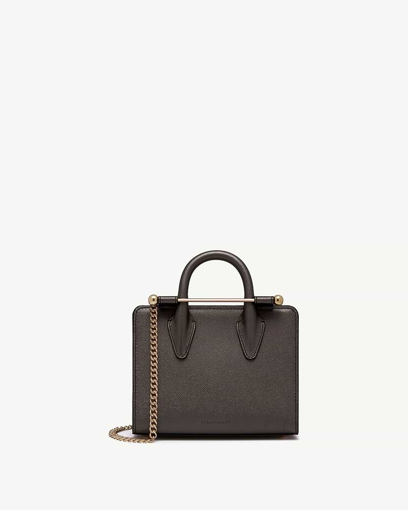 Strathberry nano tote in metallic anthracite caviar leather with gold chain strap