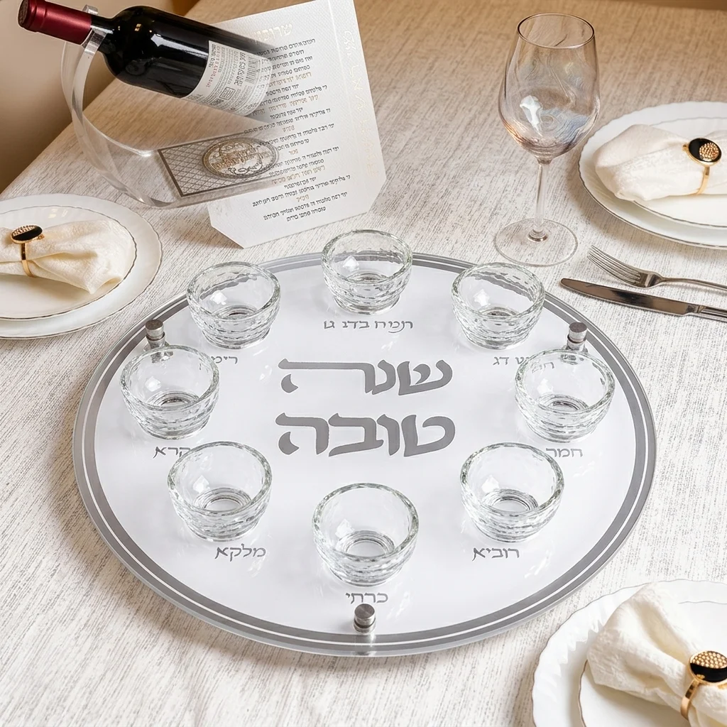 צלחת עגולה מהודרת לראש השנה מזכוכית וקריסטל 40 ס