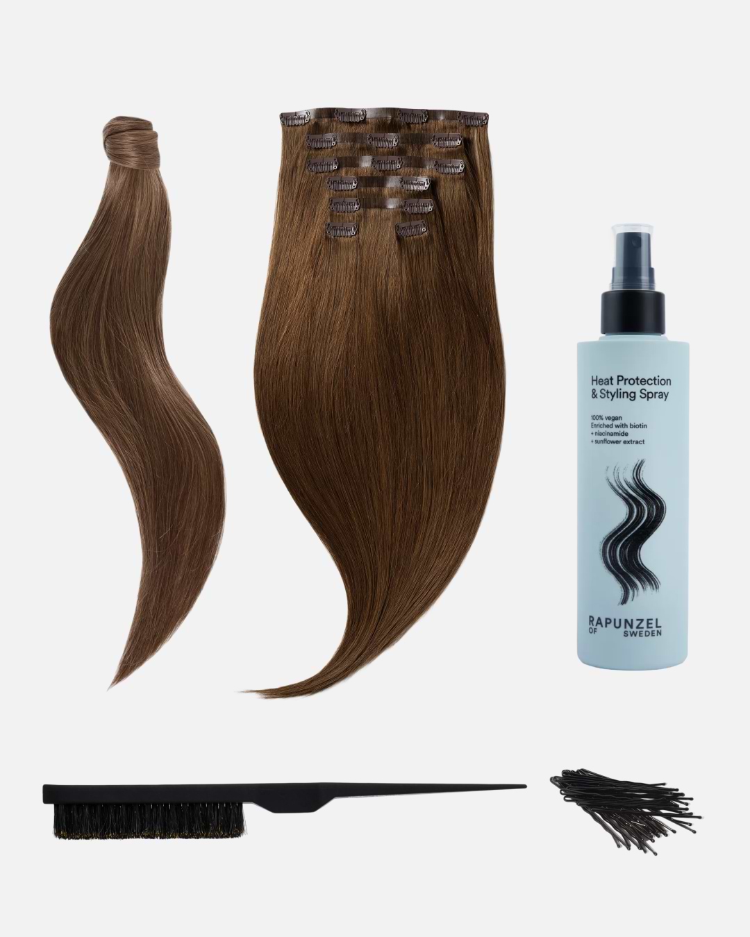 Kit of products with brown hair extensions, a ponytail, styling spray bottle, a black hairbrush, and hair clips arranged on a white background.