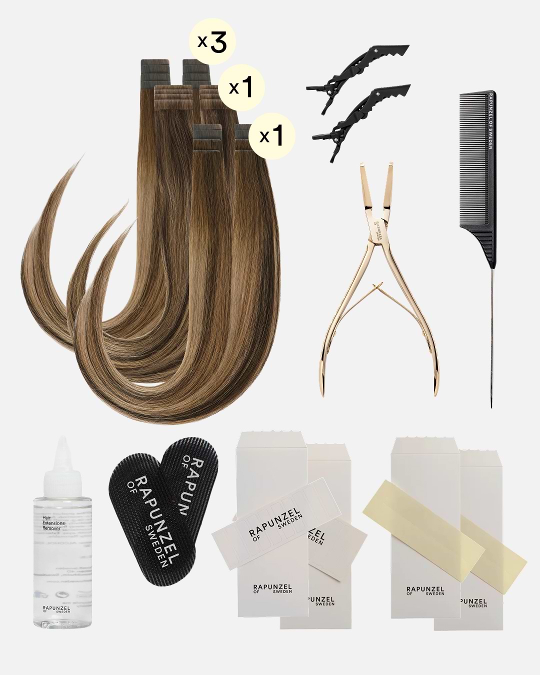 Hazelnut brown hair extensions kit with adhesive strips, comb, pliers, styling clips, protective pads, and adhesive remover bottle on a white background.