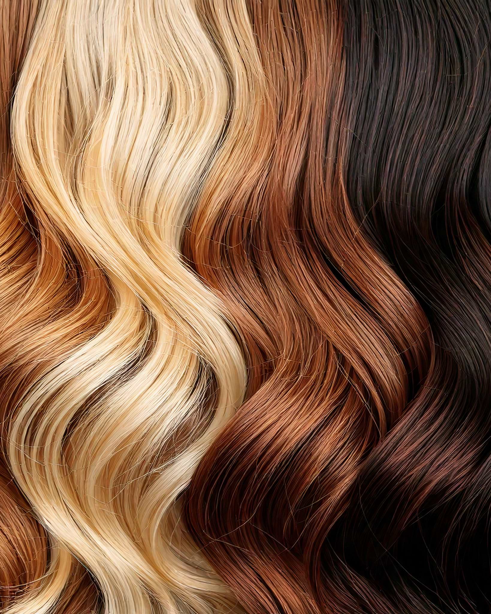 Wavy hair extensions in three shades: blonde, auburn, and dark brown, arranged side by side, showcasing a smooth texture and glossy finish.