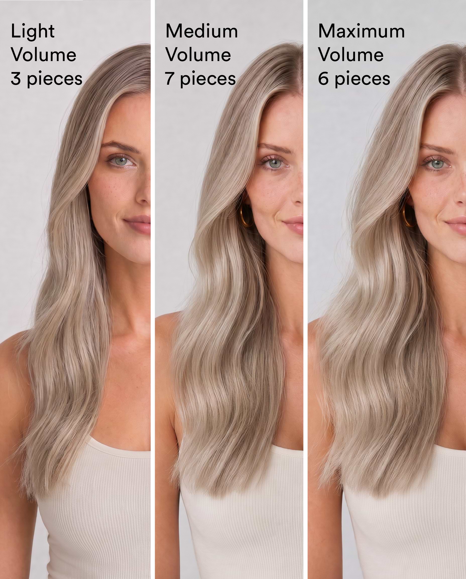 Three side-by-side images showing a woman with long, wavy blonde hair in varying volumes: light, medium, and maximum.