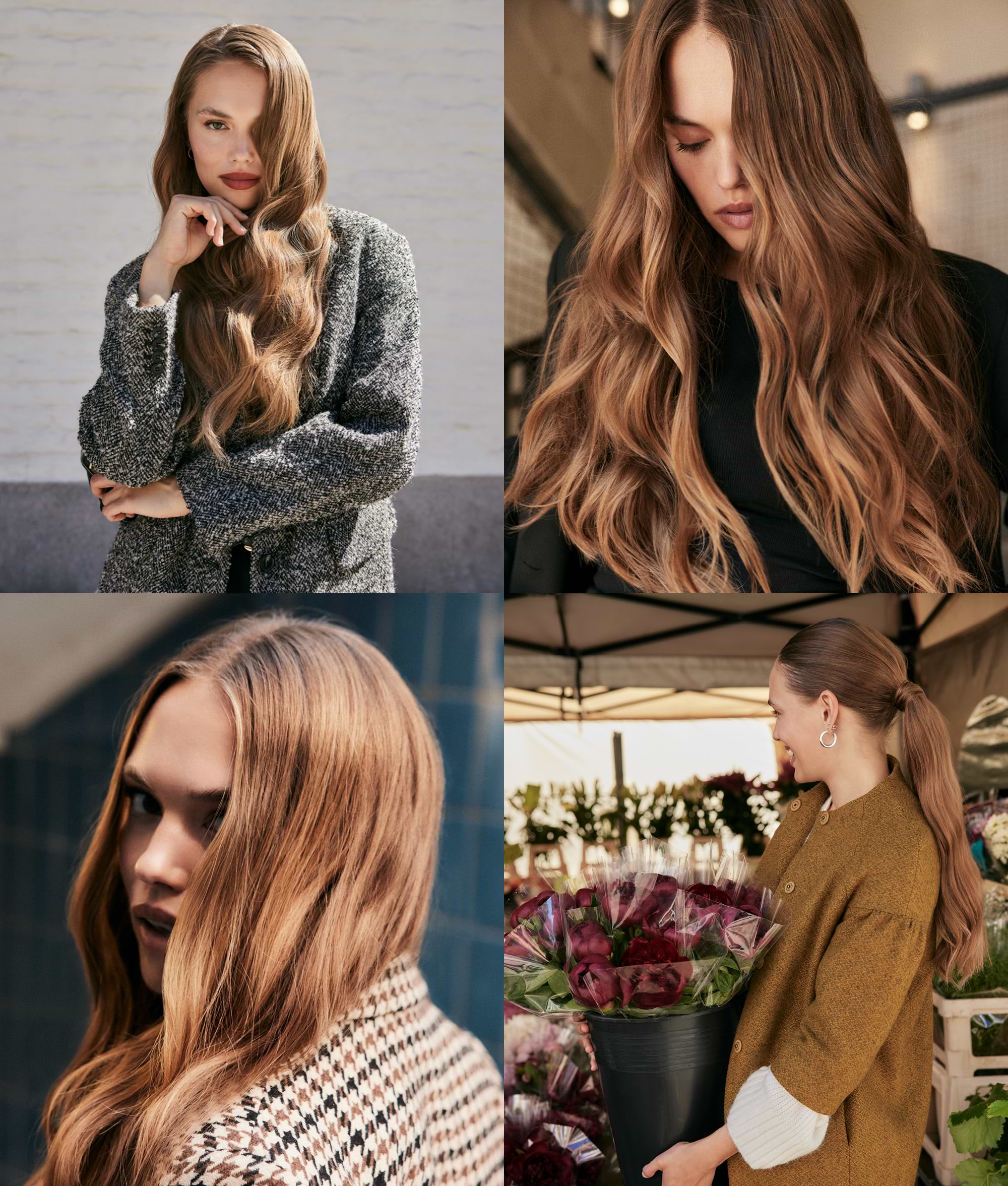 Collage of a woman with long, wavy brown hair extensions in various outfits and settings, including outdoors and at a flower market.