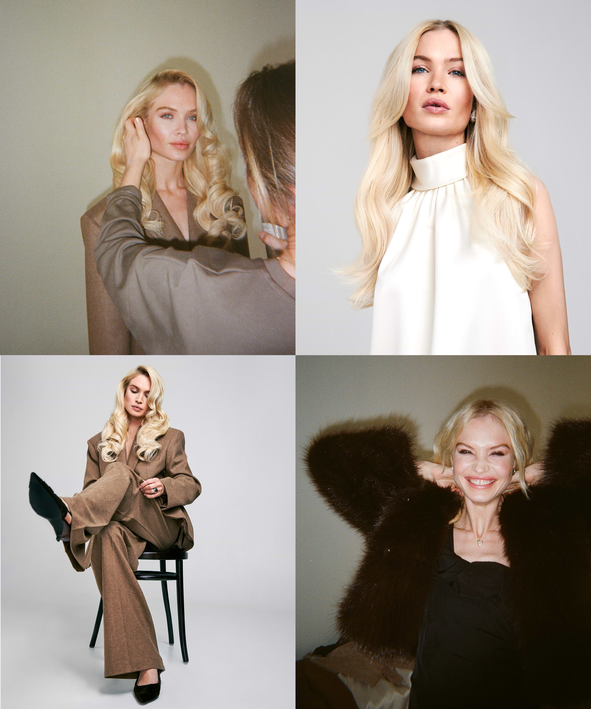 A woman with long blonde hair extensions in four poses: makeup application, wearing a white top, sitting in a suit, and smiling in a fur coat.