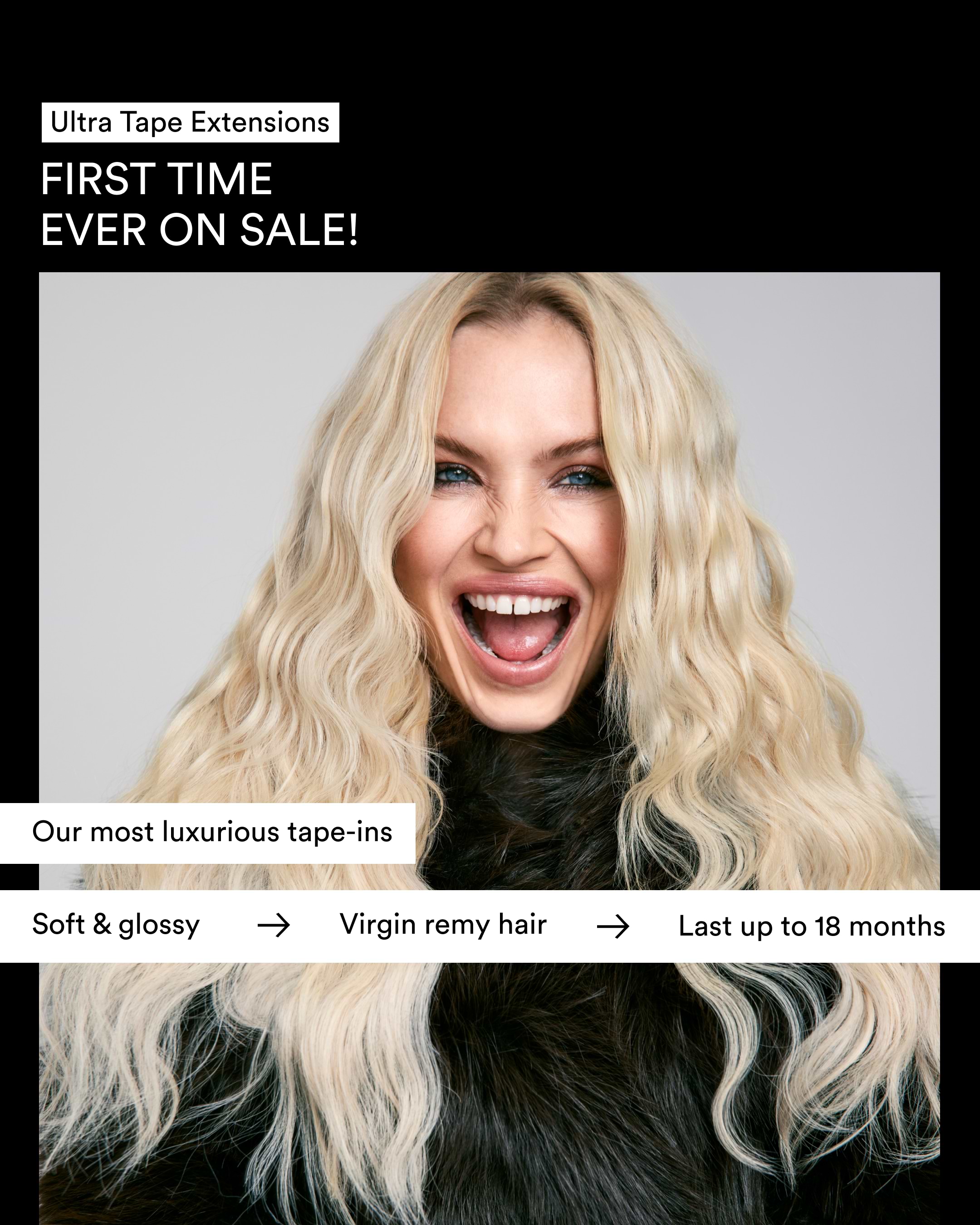 Woman with long, wavy blonde hair smiles. Text highlights a sale on luxurious tape-in extensions, noting features like softness and longevity.