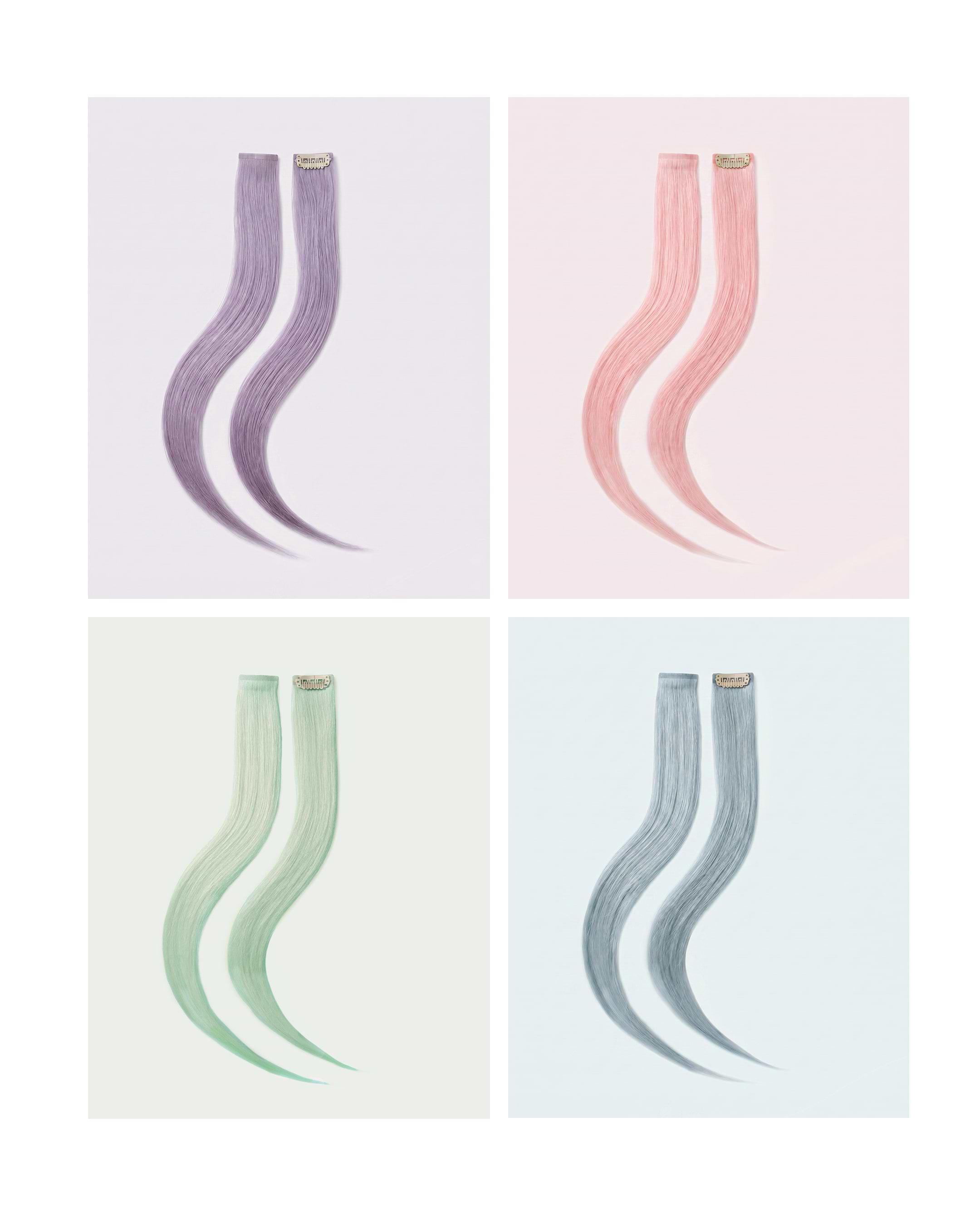 Four sets of wavy hair extensions in lavender, pink, mint, and gray, each clipped at the top, displayed on a light background.