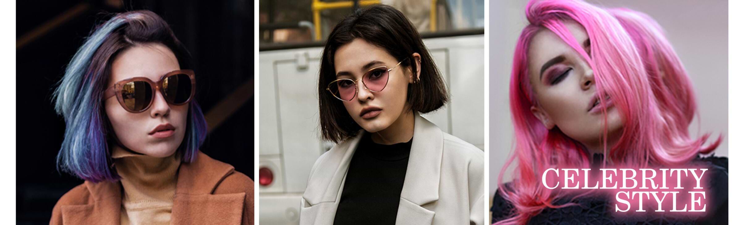 Three women with stylish bob haircuts with hair extensions: one with blue highlights, one with dark hair and sunglasses, and one with pink hair. Text: "CELEBRITY STYLE."