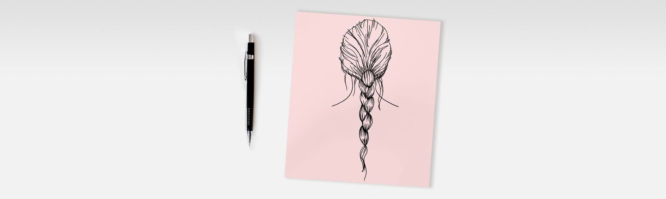 A sketch of a braided hairstyle  with hair extensions on pink paper next to a black mechanical pencil on a white background.