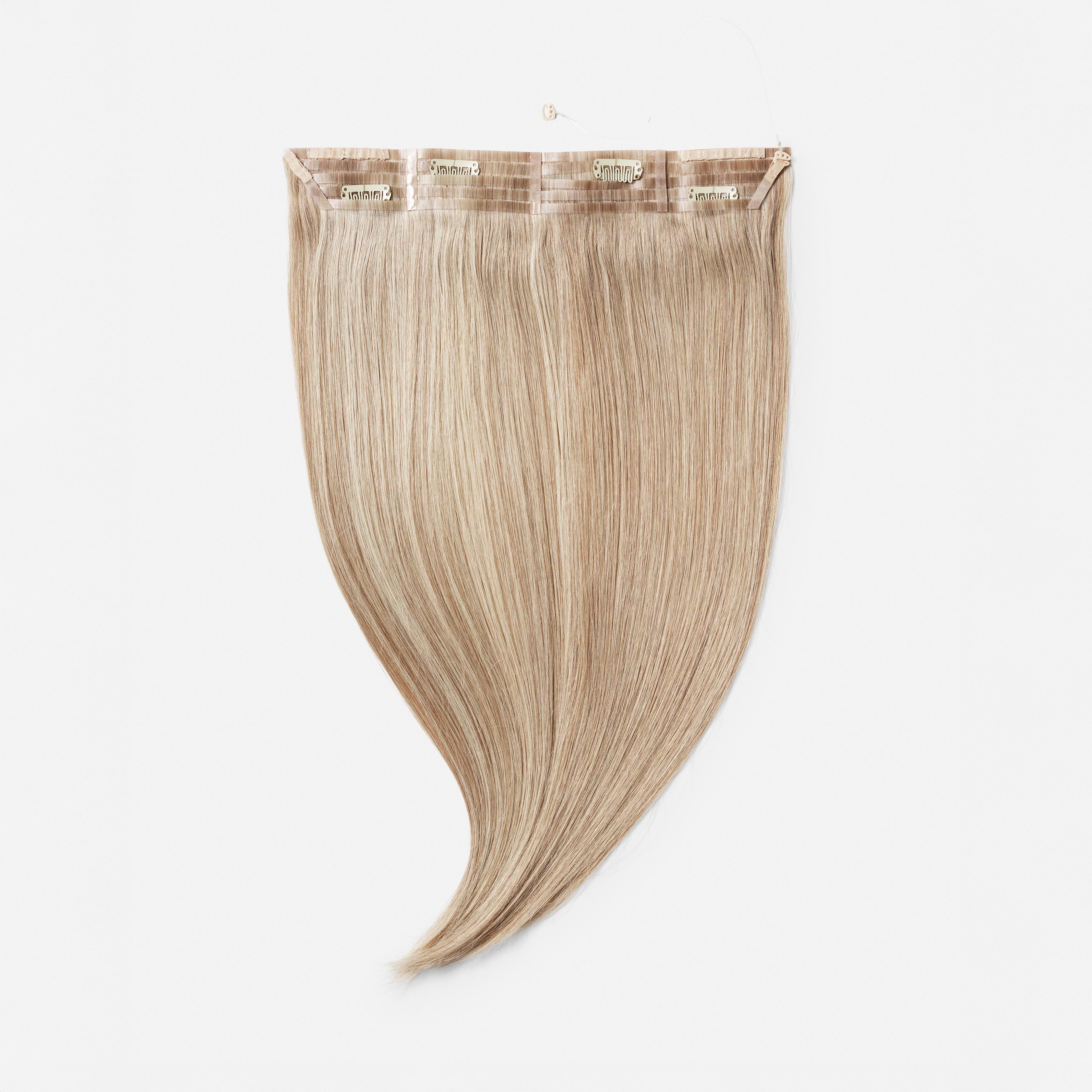 A set of straight, blonde clip-in hair extensions on a white background, showing the clips attached at the top.