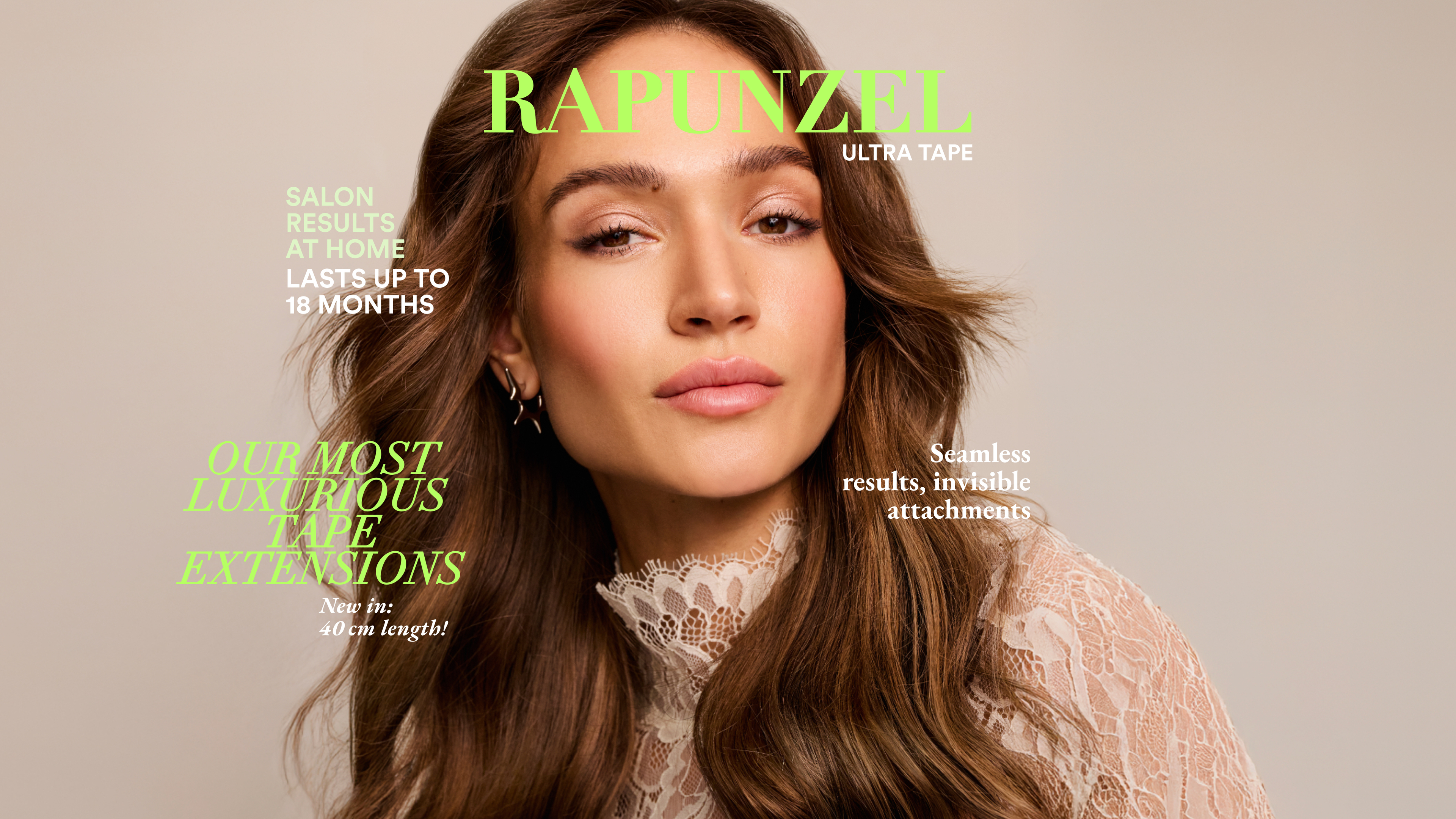 Portrait of a woman with long, flowing hair wearing a lace top. Text advertises "Rapunzel" hair extensions with highlighted features.