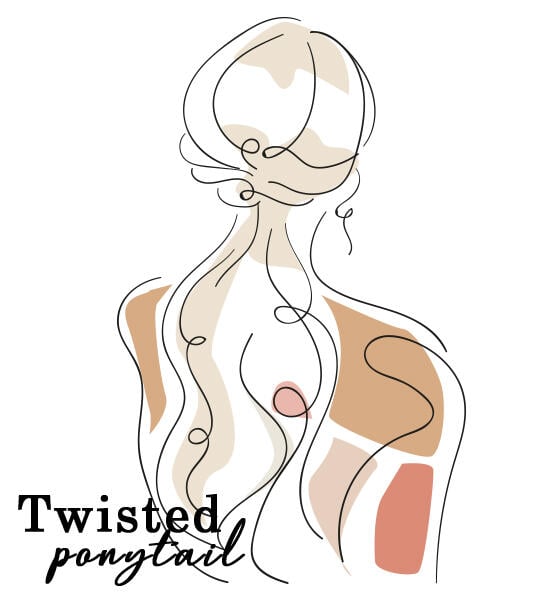 Line art of a woman with a twisted ponytail, featuring abstract shapes in neutral tones. Text reads "Twisted ponytail."