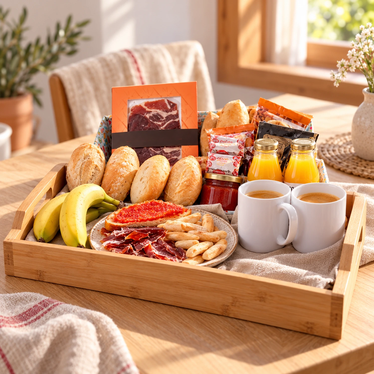 Ein Frühstück auf einem Holztablett
