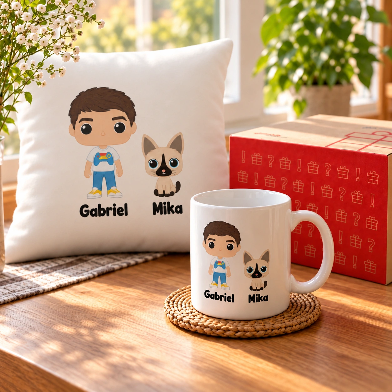 Personalisierte Tasse und Kissen mit den Funko-Designs von Gabriel und Mika neben einer Regalo-Original-Box