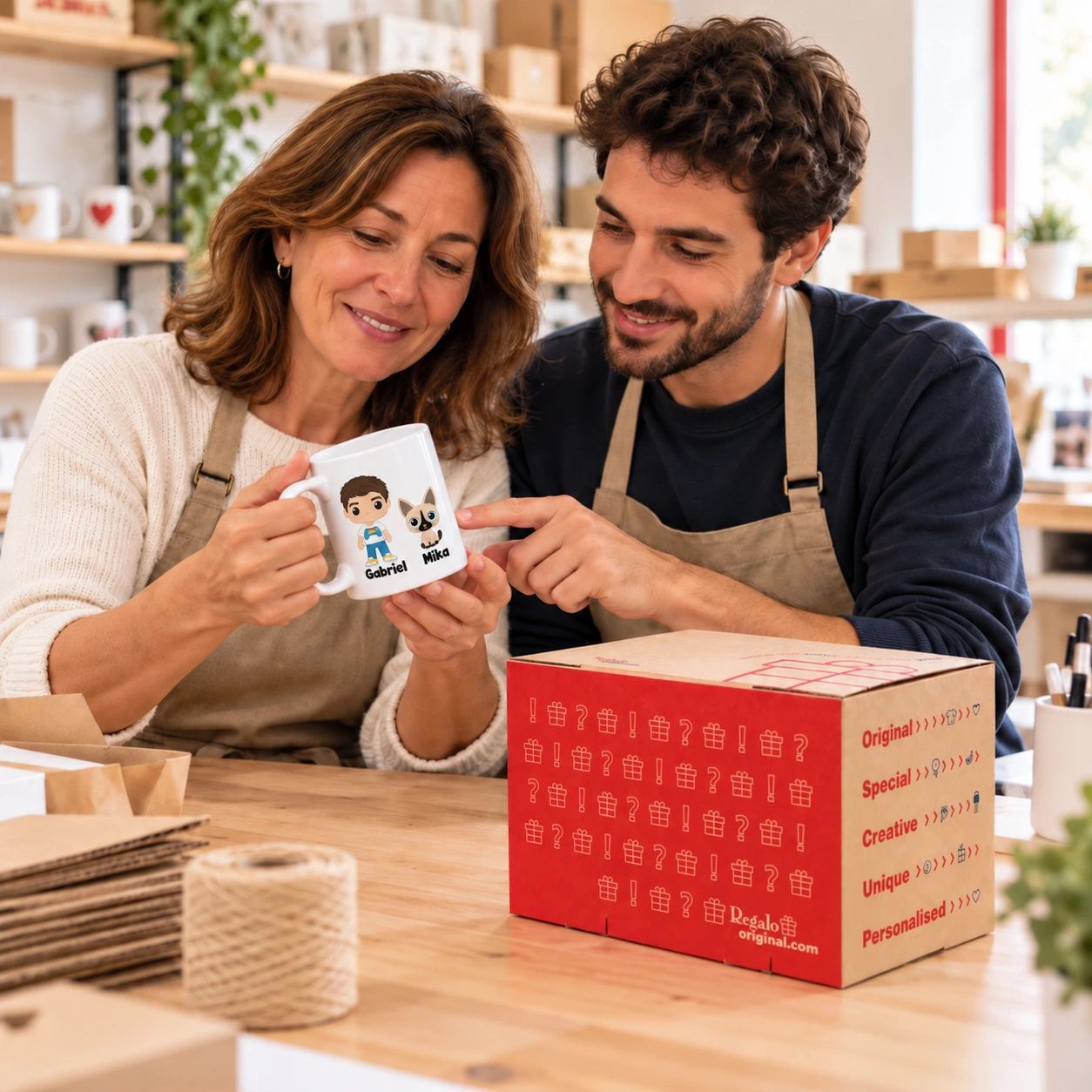 Zwei Personen betrachten eine personalisierte Tasse mit den Funko-Designs von Gabriel und Mika
