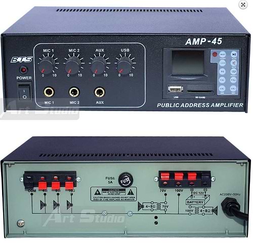 45W AMP-45DC מגבר כריזה עצמתי עם אופצית חיבור למצבר מבית BTS