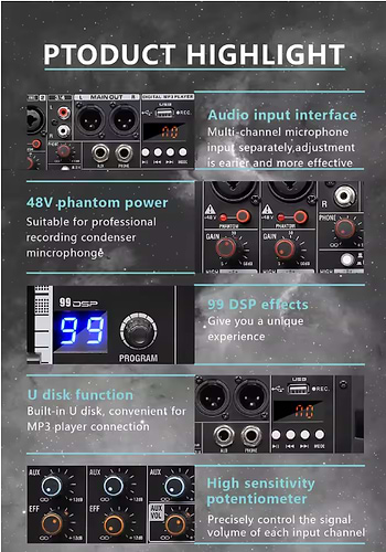 מיקסר סאונד מקצועי 4 ערוצים MARBEL X4BT – כולל Bluetooth, אפקטים DSP ואקולייזר גרפי