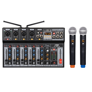 MIX IU-1008 מיקסר 6 ערוצים כולל 2 מיקרופונים אלחוטיים, נגן MP3, בלוטות׳ ואפקט של BTS