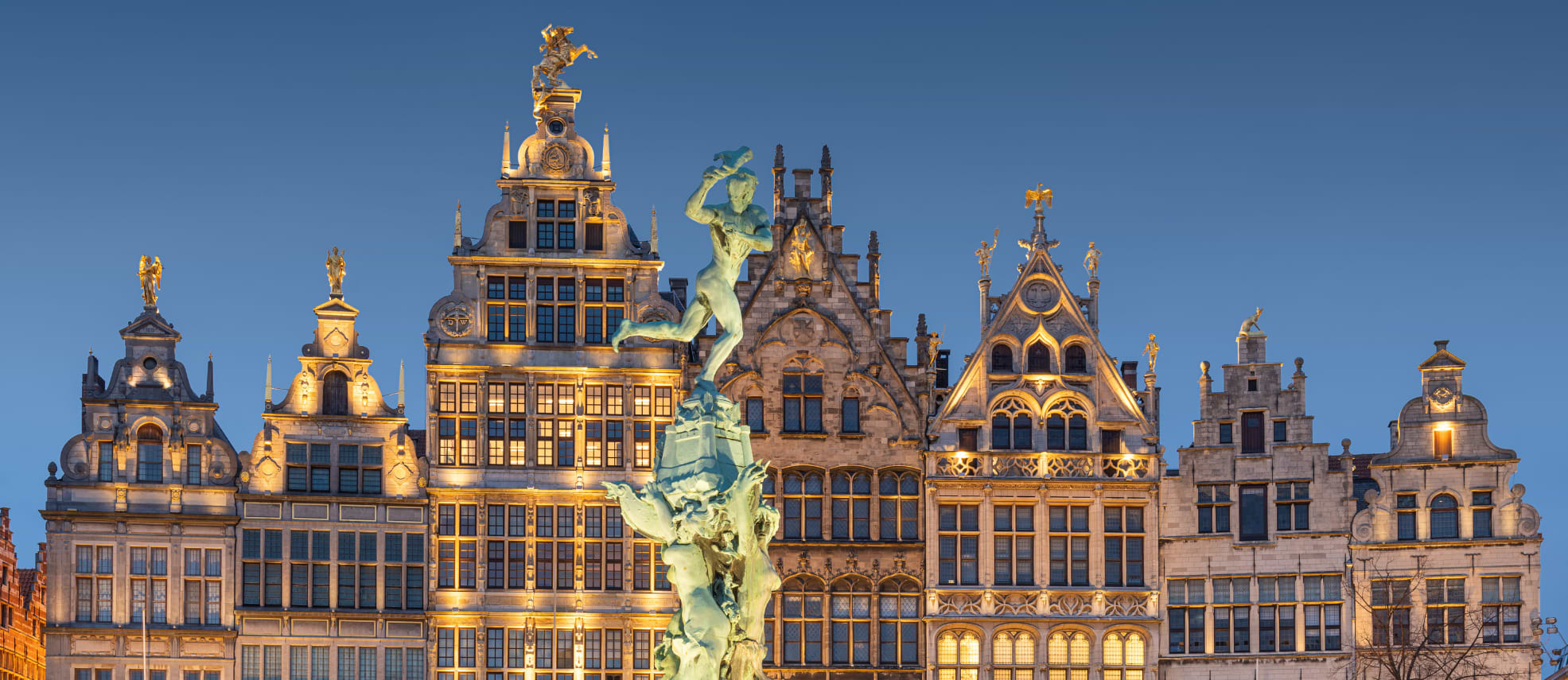 Night view of Antwerp city center, Belgium, with charming historic architecture.