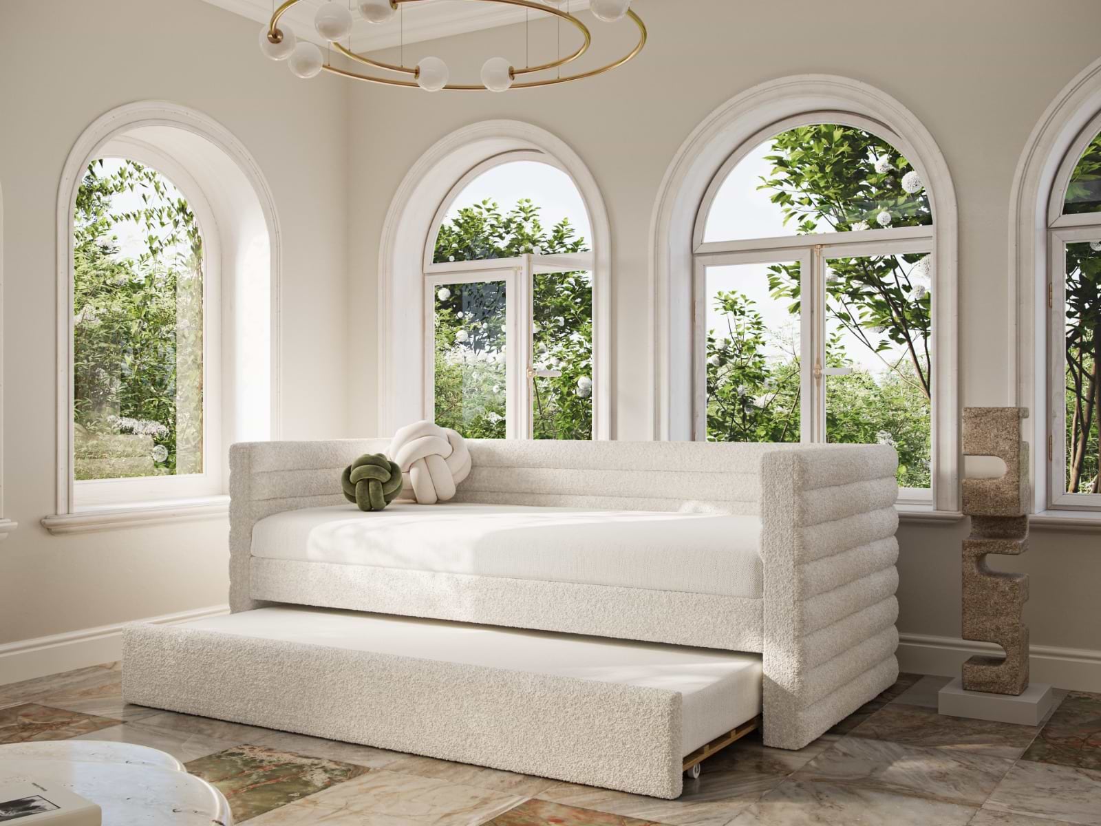 cream boucle sofa bed with trundle