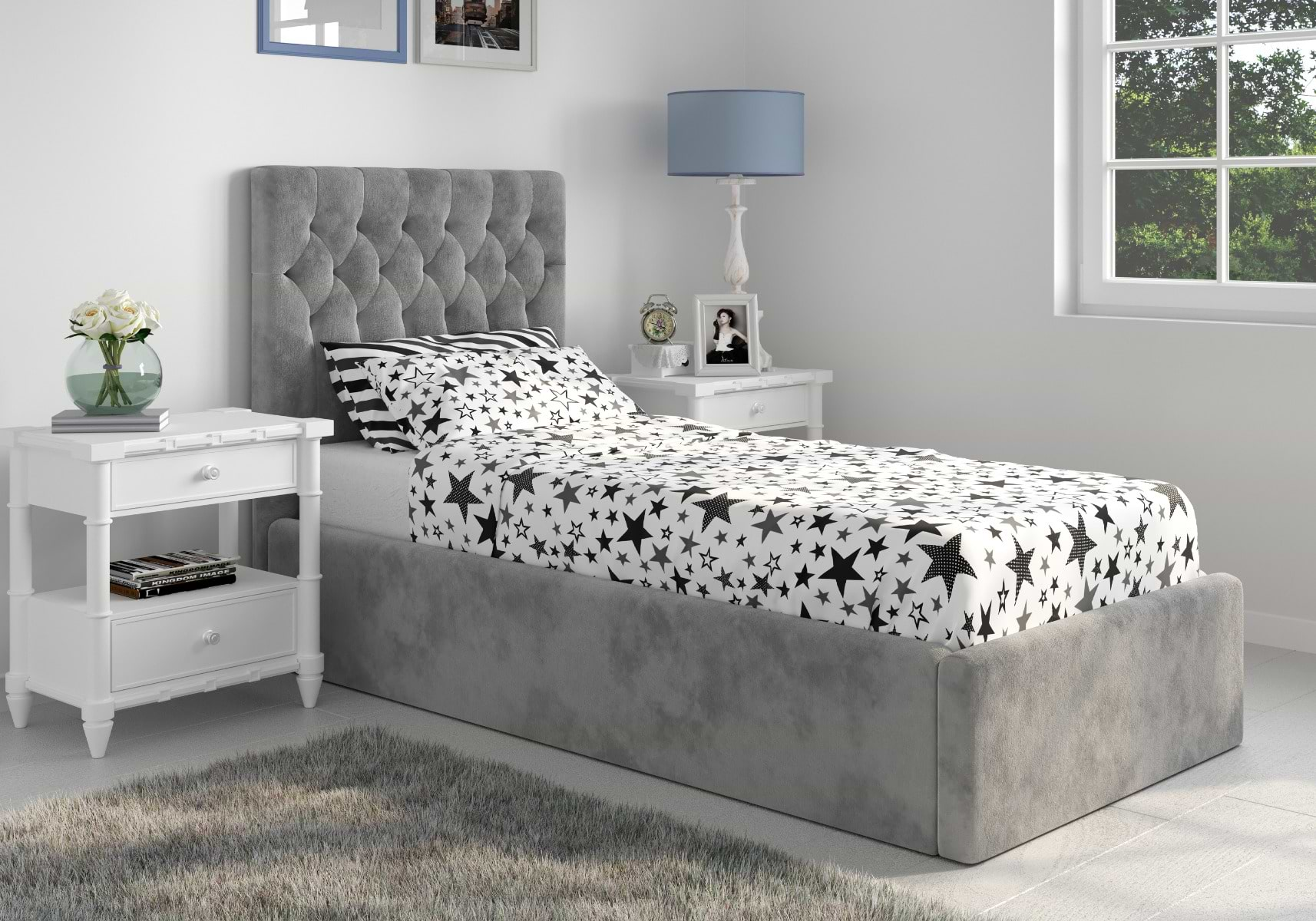 grey velvet single ottoman bed