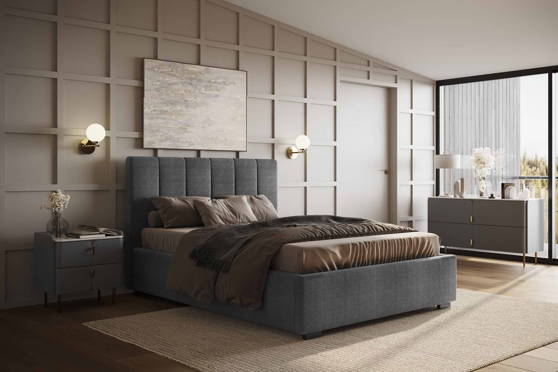 Grey fabric ottoman bed