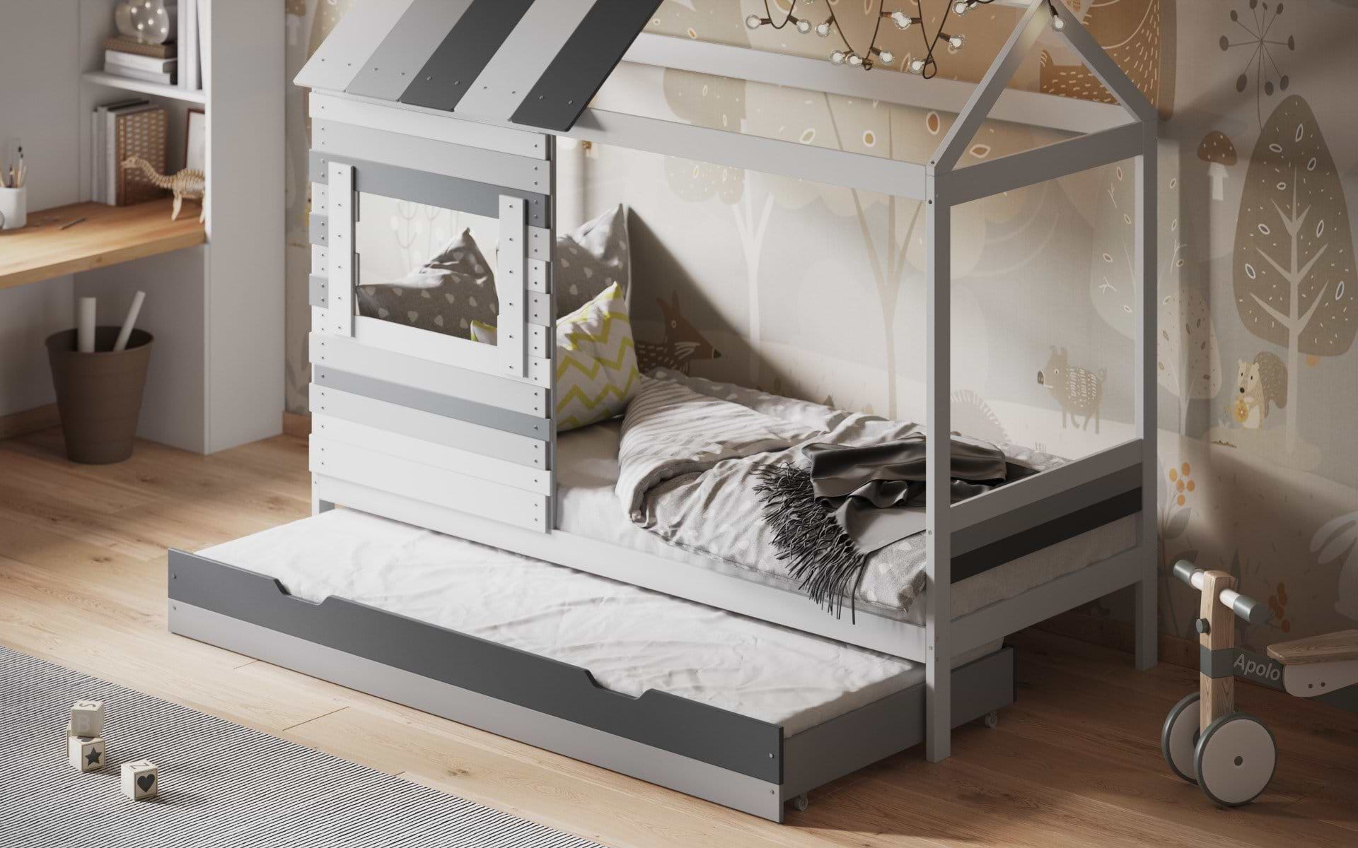 Grey house-shaped bed with trundle