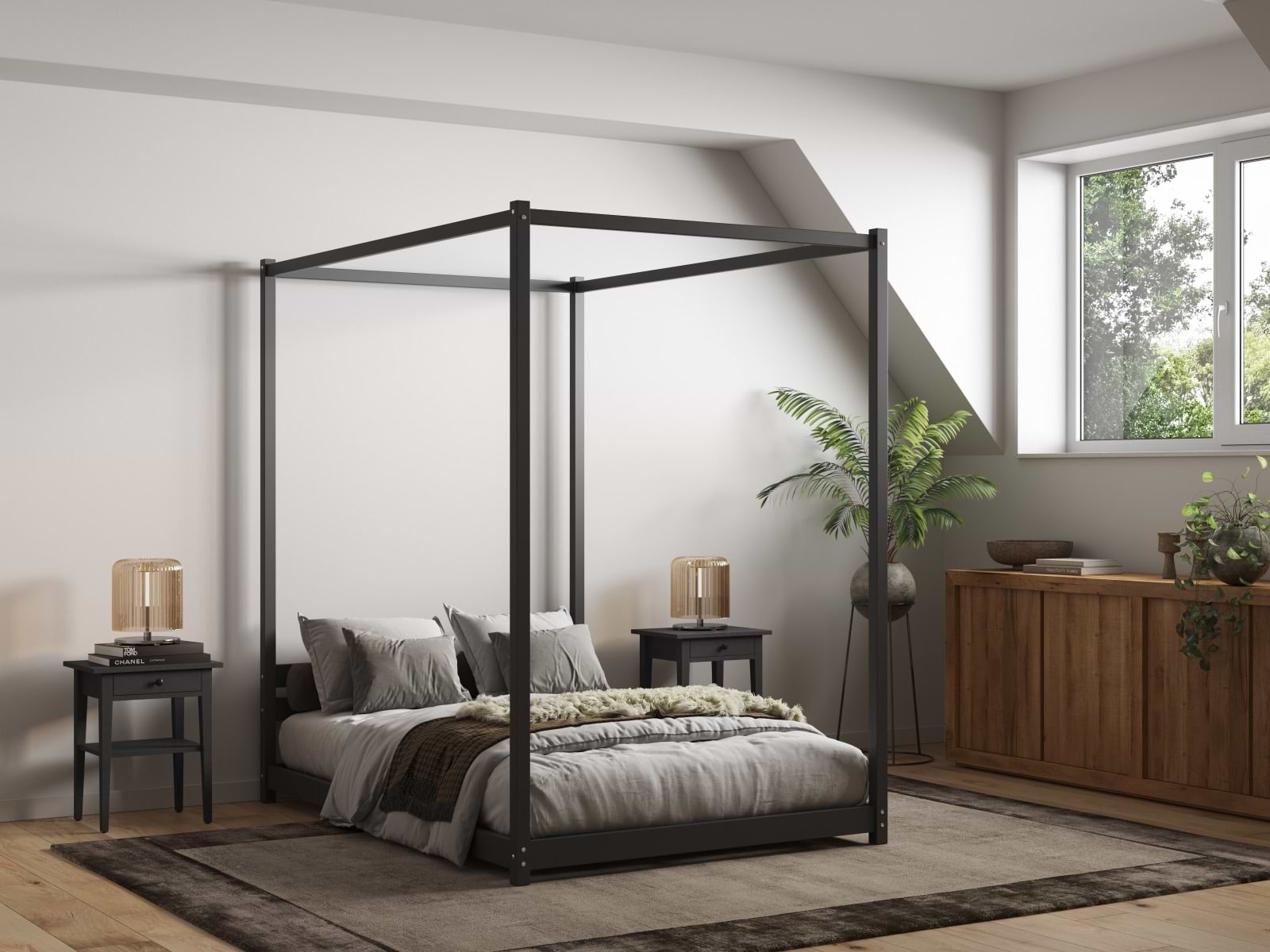 Black four poster double bed