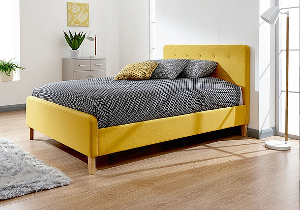 GFW Ashbourne Mustard Fabric Bed Frame Retro design vibrant mustard yellow hopsack buttoned headboard wooden legs