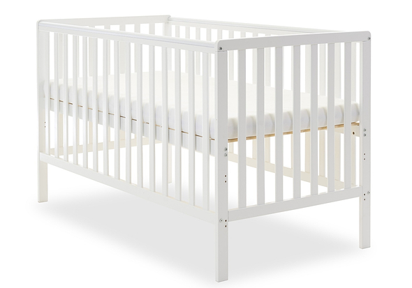 White wooden cot bed with open slat design and teething rails.