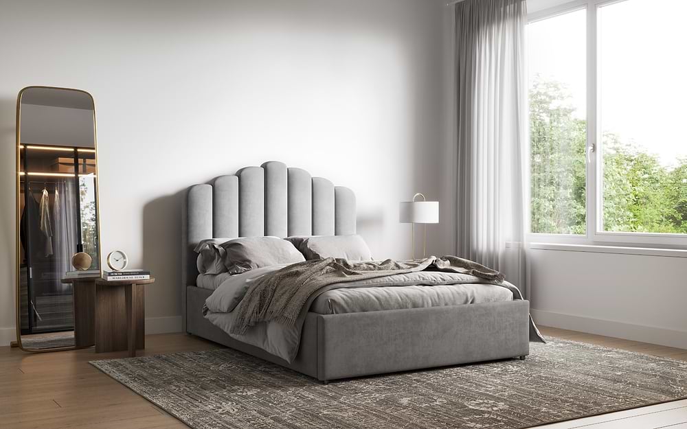 Flair Silver Velvet Poseidon Shell Ottoman Double Bed
