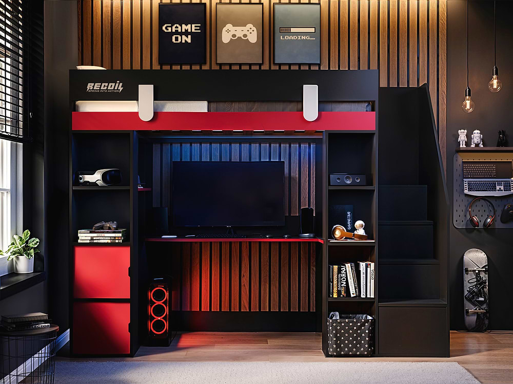 Recoil Blaze Staircase Gaming High Sleeper with Storage Black & Red