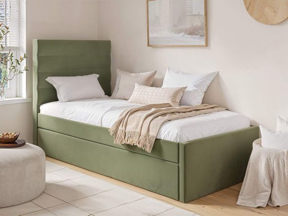 Flair Ari Upholstered Single Bed With Trundle Olive Green Velvet