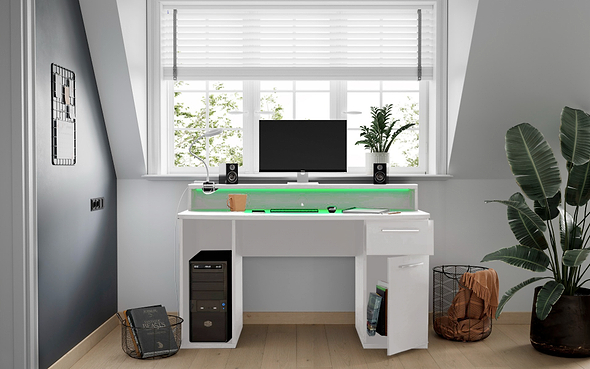 Flair Power Z Compact Computer Gaming Desk White With Colour Changing LED Lights
