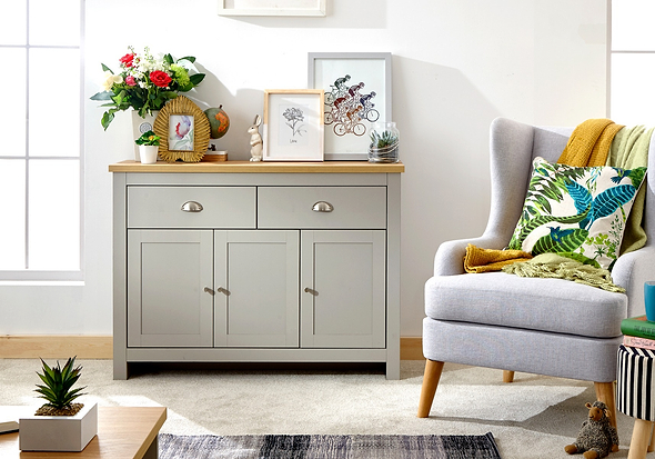 GFW Lancaster Large Sideboard traditional style with 3 doors 2 drawers a wood effect top and chrome handles available in slate blue grey and cream