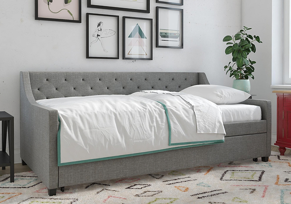Novogratz Her Majesty Linen Daybed and Trundle mid century design, wooden frame linen fabric wooden frame