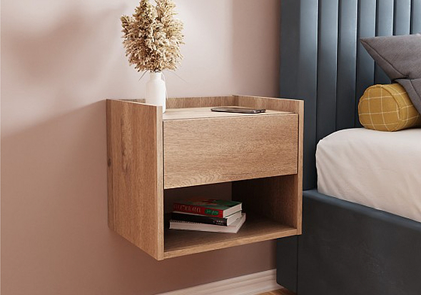 GFW Harmony Wall Mounted Pair of Bedside Tables with one drawer and open shelf in anthracite white or oak modern styling
