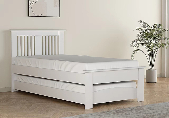 Contemporary oak finish guest bed with pull out under bed. Slatted headboard with a plinth top. Low foot end with a plinth top.