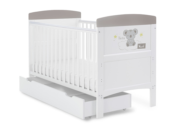 Obaby Grace Inspire Cot Bed & Under Drawer - Hello World Koala Grey
