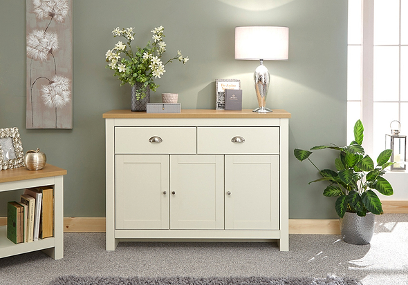 GFW Lancaster Large Sideboard traditional style with 3 doors 2 drawers a wood effect top and chrome handles available in slate blue grey and cream