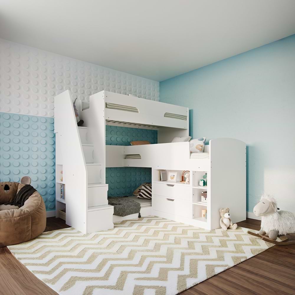 Flair Oscar Staircase Triple Bunk Bed with Storage White