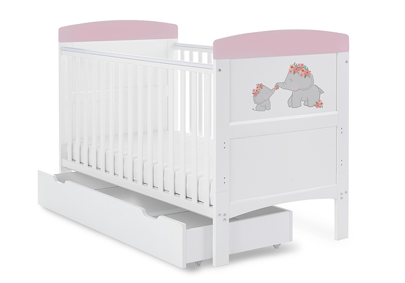 Obaby Grace Inspire Cot Bed & Under Drawer - Me & Mini Me Elephants - Pink
