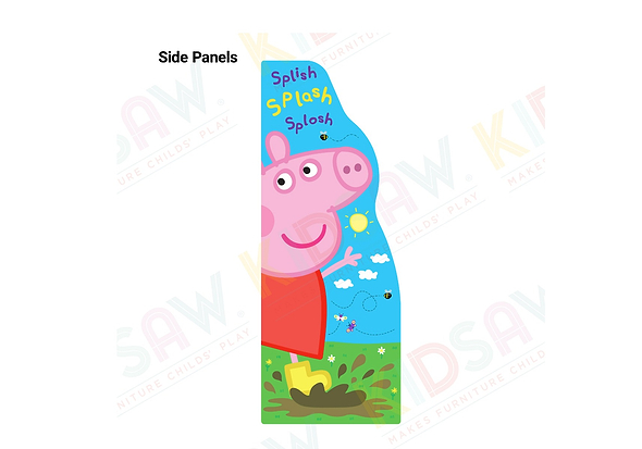 A brightly coloured Peppa Pig children's bookcase. With colourful graphics of Peppa splashing in the mud. 4 book sleeves in bright yellow