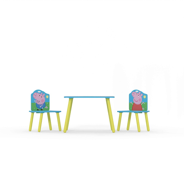 Brightly coloured Peppa Pig table and 2 chair set. Featuring Peppa Pig and George splashing in the mud.