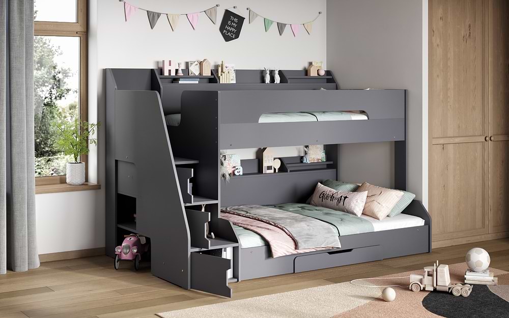 Flair Slick Staircase Triple Bunk Bed Grey With Shelves
